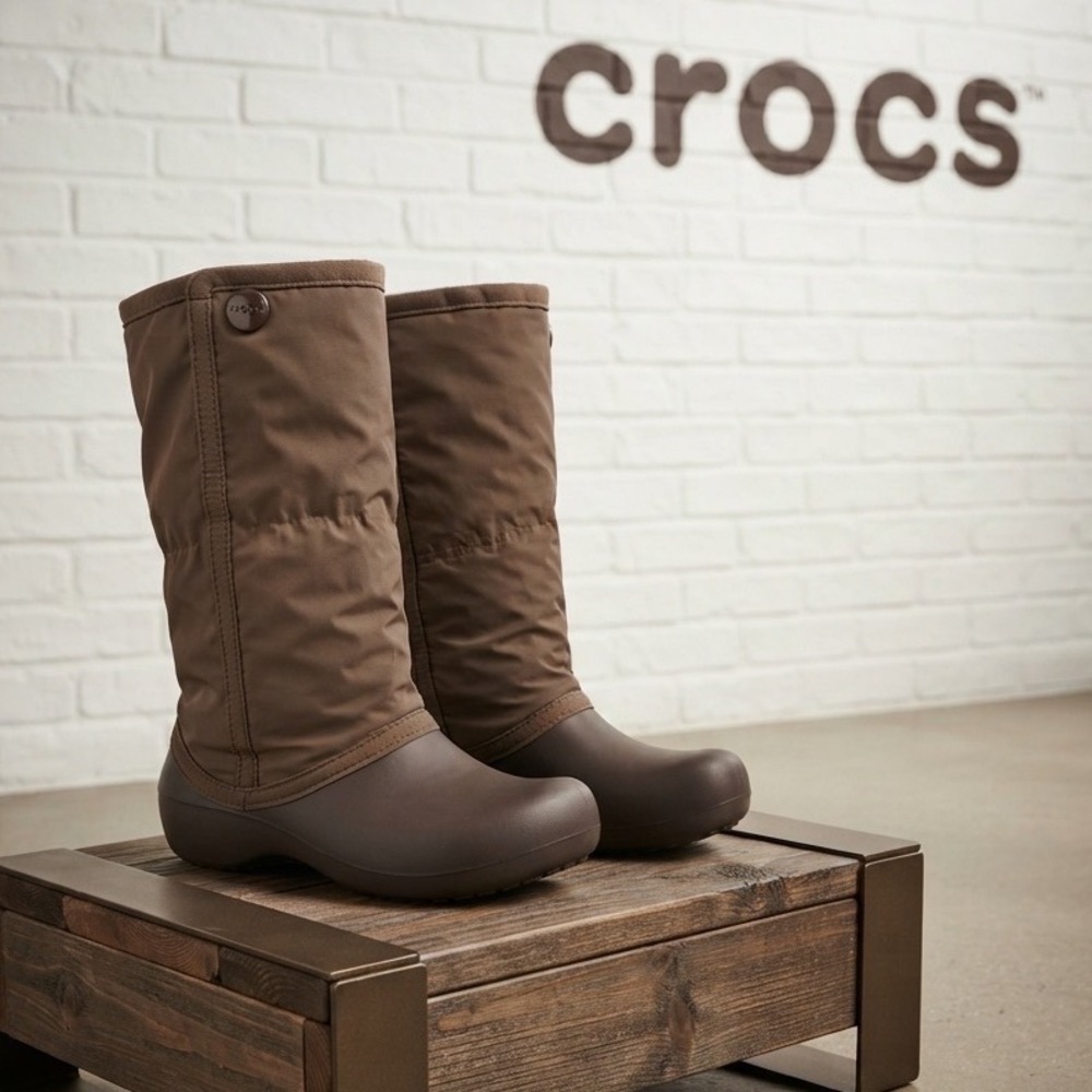 Crocs Womens Winter Puff Boot Espresso Brown Quilted Nylon Snow Boots